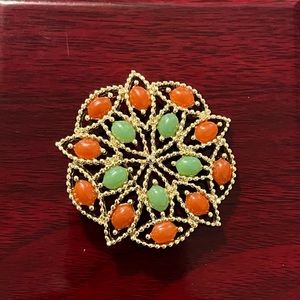 Sarah Coventry Orange & Green Cabochon Brooch